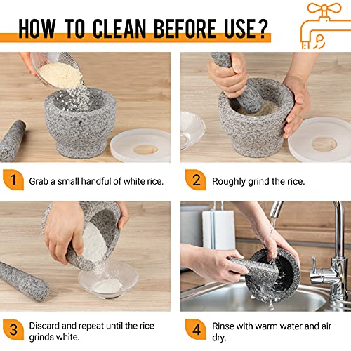  Mortar And Pestle Set 2-Cup Capacity Molcajete Bowl, Incl. Silicone Lid, Garlic Peeler, Stick-on Anti-Slip Pad For Base, Unpolished Granite Mortar And Pestle Spice Grinder 5.5 Inch