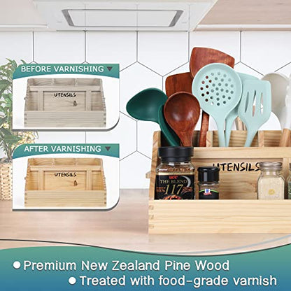  Kitchen Utensil Holder For Countertop With 4 Compartments, Utensil Holder Kitchen Utensil Organizer With Handles, Wood Utensil Holder For Home Decor (Utensil Not Included)