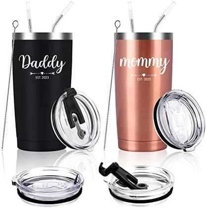  Daddy And Mommy Est 2023 Travel Tumbler, New Parents Insulated Tumblers 20Oz, Mom Dad Gift For Mother's Day, Father's Day, Christmas, New Pregnancy, Birthday, Baby Shower (Black Aqua Blue)