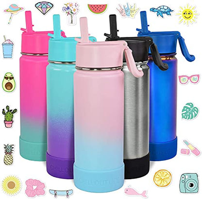  17 Oz Insulated Water Bottle With Straw Lid For Kids And Adult + 20 Funny Waterproof Stickers - Perfect For Personalizing Your Kids Metal Water Bottle