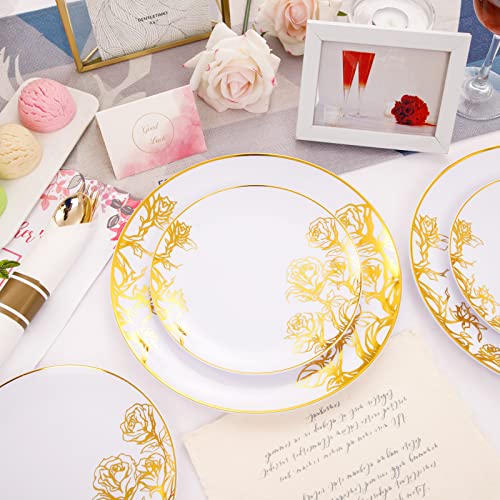  210PCS Gold Plastic Plates, Gold Disposable Dinnerware Set Includes 60 Gold & White Plates With Floral Design,30 Gold Plastic Silverware,30 Per Rolled Napkins,30 Gold Rim Cups For Mother's Day