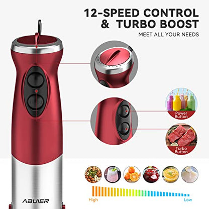  Immersion Blender 5 In 1 Hand Blender, Abuler 800W Hand Mixer Stick, 5-in-1, 12 Speed And Turbo Mode Handheld Blender 304 Stainless Steel, With 600ml Mixing Beaker, 500ml Chopper, Whisk And Milk Frother For Soup, Smoothies, Baby Food, Sauce