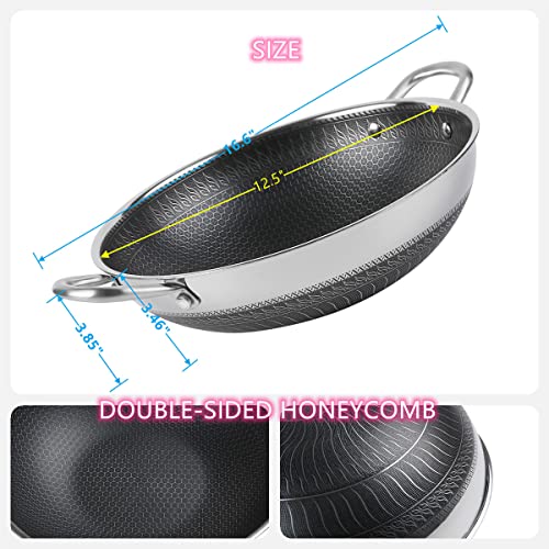  12.5” Wok Pan With Dual Honeycomb Wok Stainless Steel Wok Pan With Nonstick Coating, Frying Pans Cookware, Two Handles,Works With Induction ,Gas, Electric, Ceramic Furnace Stove, Without Lid