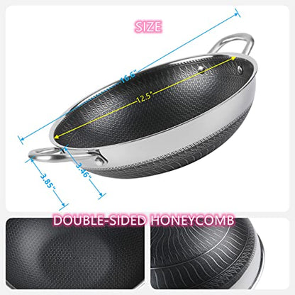  12.5” Wok Pan With Dual Honeycomb Wok Stainless Steel Wok Pan With Nonstick Coating, Frying Pans Cookware, Two Handles,Works With Induction ,Gas, Electric, Ceramic Furnace Stove, Without Lid
