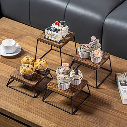  Burnt Wood & Black Metal Wire Square Retail Food Display Risers/Pizza Stands, Set Of 4
