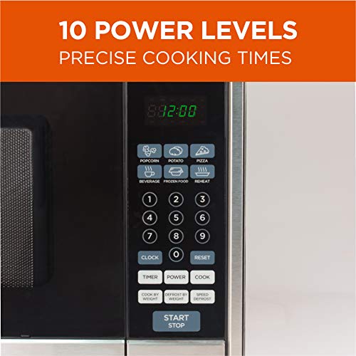  Hef Countertop Microwave, 1.1 Cubic Feet, Black With Stainless Steel Trim