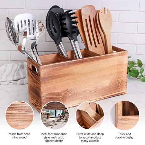  Utensil Holder In Rustic Wood For Farmhouse Kitchen Decor, Countertop Organizer And Cooking Tools Storage (Triple)