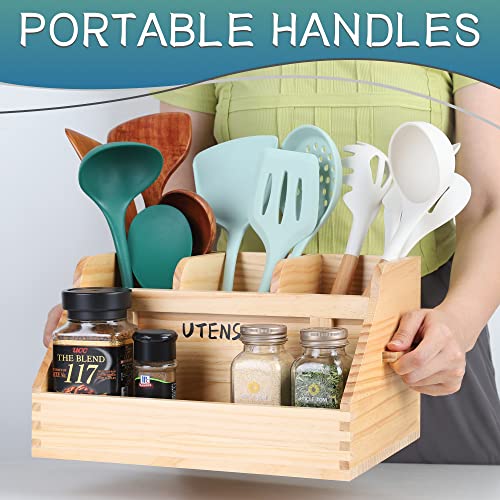  Kitchen Utensil Holder For Countertop With 4 Compartments, Utensil Holder Kitchen Utensil Organizer With Handles, Wood Utensil Holder For Home Decor (Utensil Not Included)