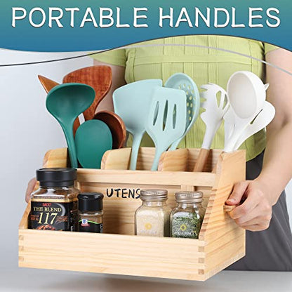  Kitchen Utensil Holder For Countertop With 4 Compartments, Utensil Holder Kitchen Utensil Organizer With Handles, Wood Utensil Holder For Home Decor (Utensil Not Included)