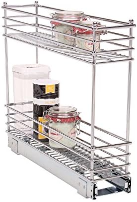  Narrow Sliding Cabinet Organizer, Two Tier Chrome Organizer, Chrome, Great For Slim Cabinets In Kitchen, Bathroom And More