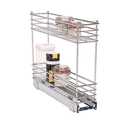  Narrow Sliding Cabinet Organizer, Two Tier Chrome Organizer, Chrome, Great For Slim Cabinets In Kitchen, Bathroom And More