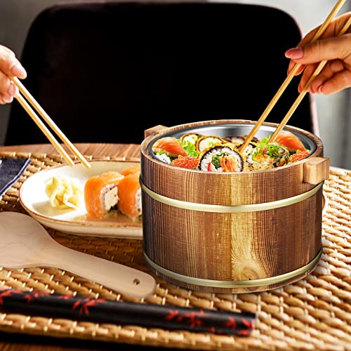  Wooden Rice Barrel Sushi Rice Bowl Tub Steamer Stainless Steel Liner Rice Bucket, Wood Cooking Steamer With Lid And Spoon, 20cm
