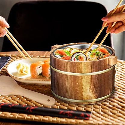 Wooden Rice Barrel Sushi Rice Bowl Tub Steamer Stainless Steel Liner Rice Bucket, Wood Cooking Steamer With Lid And Spoon, 20cm