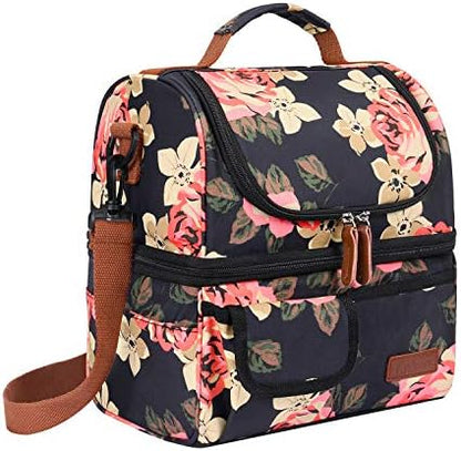  Lunch Bag Women Double Deck Insulated Lunch Box Large Cooler Tote Bag With Removable Shoulder Strap Wide Open Thermal Meal Prep Lunch Organizer Box For Adults Work/Outdoor, Black Peony