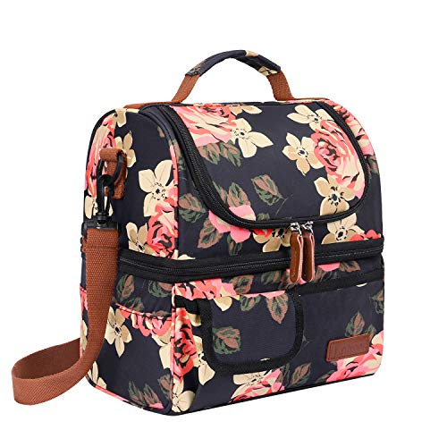  Lunch Bag Women Double Deck Insulated Lunch Box Large Cooler Tote Bag With Removable Shoulder Strap Wide Open Thermal Meal Prep Lunch Organizer Box For Adults Work/Outdoor, Black Peony
