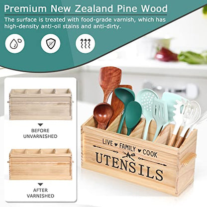  Utensil Holder, Extra Large Kitchen Utensil Holder For Countertop, Wood Utensil Holder With Handle, Kitchen Utensil Organizer Cooking Tools Storage (Utensil Not Included)