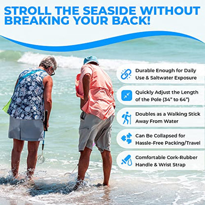  Sand Dipper Full Size Beach Scoop Shovel & Sifter Tool For Beachcombing – Adjustable Sea Glass, Shell, Shark Tooth Sifter For The Beach – Can Be Used As A Walking Or Hiking Stick Too – Blue, 4” Basket