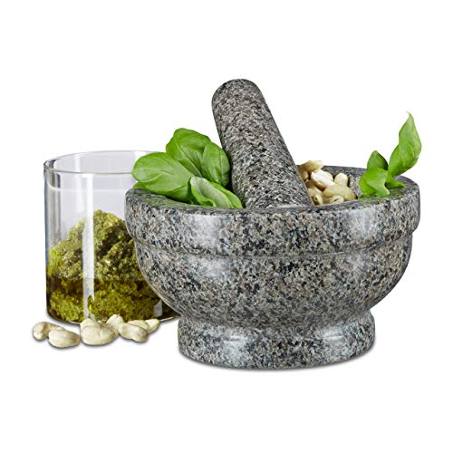  Pestle, Robust, Durable Mortar, Real, Grey Granit Mortar & Pestle, 17 Cm Diameter, Robust & Durable, Herb Grinder, Polished Stone, 19 X 17 X 14 Cm