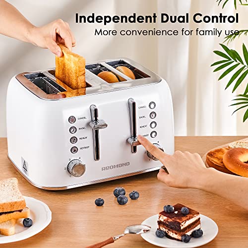 REDMOND Toaster 4 Slice, Retro Stainless Steel Toaster With Extra Wide Slots Bagel, Defrost, Reheat Function, Dual Independent Control Panel, Removable Crumb Tray, 6 Shade Settings And High Lift Lever, White, New Version