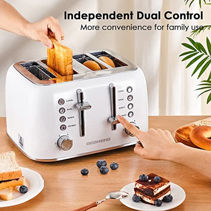 REDMOND Toaster 4 Slice, Retro Stainless Steel Toaster With Extra Wide Slots Bagel, Defrost, Reheat Function, Dual Independent Control Panel, Removable Crumb Tray, 6 Shade Settings And High Lift Lever, White, New Version