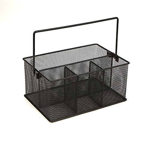  Storage Basket Organizer, Utensil Holder, Forks, Spoons, Knives, Napkins, Perfect For Desk Supplies, Pencil, Pens, Staples, Black, 4 Compartments