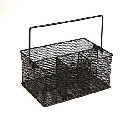  Storage Basket Organizer, Utensil Holder, Forks, Spoons, Knives, Napkins, Perfect For Desk Supplies, Pencil, Pens, Staples, Black, 4 Compartments