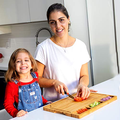  Extra Large Bamboo Cutting Board-Wood Cutting Board Set For Kitchen Chopping Board For Meat (Butcher Block) W/Juice Groove & Compartment & Handles W/6 Utensils &1 Canvas Bag L17"X13"
