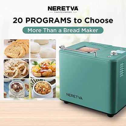  Neretva Bread Maker Machine , 20-in-1 2LB Automatic Breadmaker With Gluten Free Pizza Sourdough Setting, Digital, Programmable, 1 Hour Keep Warm, 2 Loaf Sizes, 3 Crust Colors - Receipe Booked Included (Green)