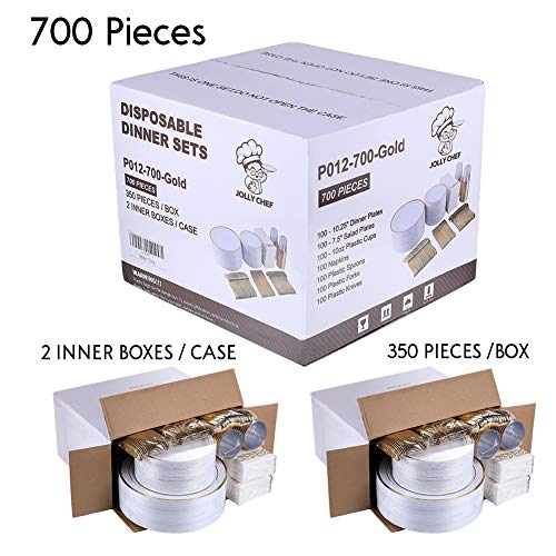 700 Piece Gold Dinnerware Set-200 Plastic Plates- 300 Gold Plastic Silverware-100 Gold Plastic Cups-100 Disposable Hand Towel- Disposable Gold Dinnerware Set For Halloween, Christmas, Thanksgiving
