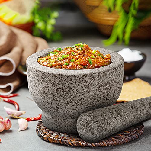 Mortar And Pestle Set 2-Cup Capacity Molcajete Bowl, Incl. Silicone Lid, Garlic Peeler, Stick-on Anti-Slip Pad For Base, Unpolished Granite Mortar And Pestle Spice Grinder 5.5 Inch