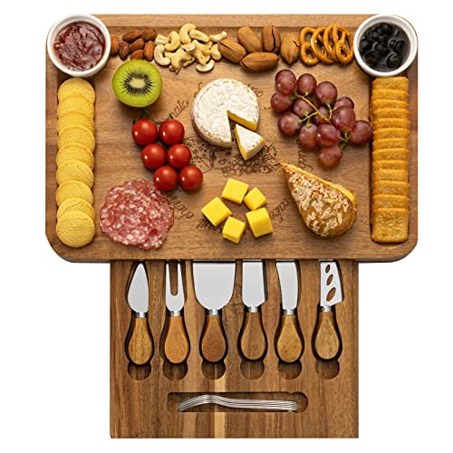  Acacia Wood Cheese Board & Knife Set Extra Large Charcuterie Boards Set & Accessories House Warming Gift Perfect Choice For Christmas Wedding