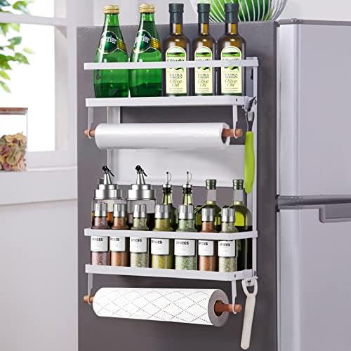  XIAPIA Magnetic Fridge Organizer Spice Rack With Paper Towel Holder And 5 Extra Hooks | 3 Tier Magnet Refrigerator Shelf In Kitchen Holds Up To 45 LBS | 16x12x4 Inch Black