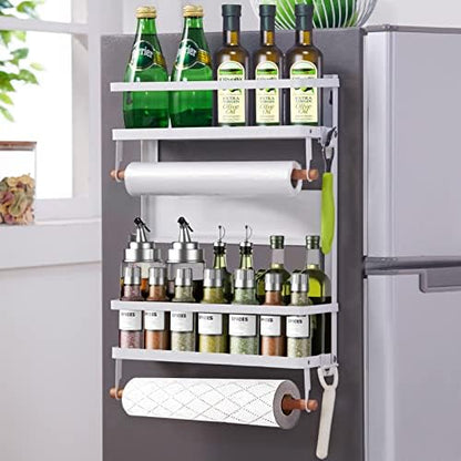  XIAPIA Magnetic Fridge Organizer Spice Rack With Paper Towel Holder And 5 Extra Hooks | 3 Tier Magnet Refrigerator Shelf In Kitchen Holds Up To 45 LBS | 16x12x4 Inch Black