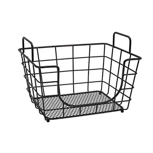  Dam Metal Stacking/Nesting Rectangular Basket With Acacia Lid, Antique Black