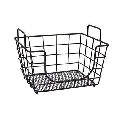  Dam Metal Stacking/Nesting Rectangular Basket With Acacia Lid, Antique Black