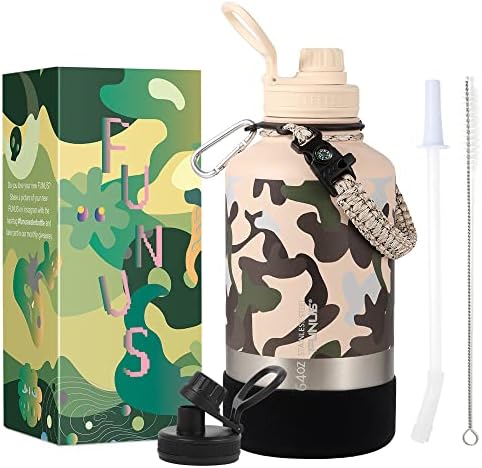  64oz Insulated Water Bottle (2 Lids) 64 Oz Vacuum Stainless Steel Water Bottle With Handle Flip Top Lid And Paracord BPA Free Metal Water Jug Sports Outdoor Camping