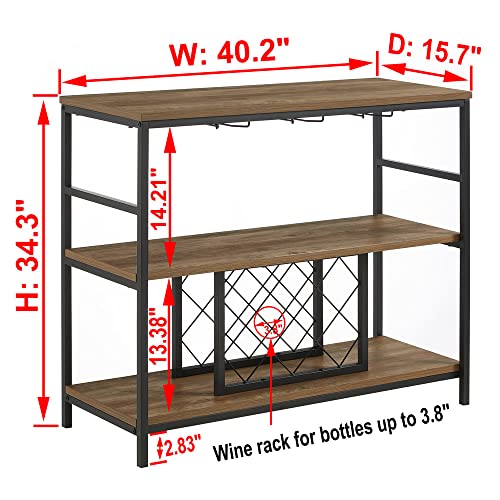 Wine Rack Table With Glass Holder And Wine Storage, Industrial Rustic Wood And Metal Bar Buffet Cabinet, Oak