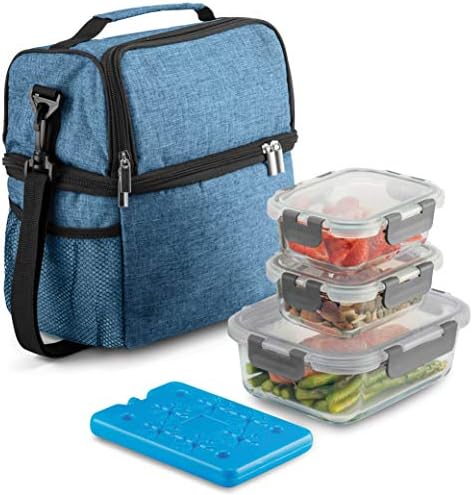  INEDINE Lunch Bag With Glass Containers - Insulated Lunch Box For Women And Men - Leakproof Locking Lids & Ice Pack - 2-Compartment Cooler Tote For Work (Black)