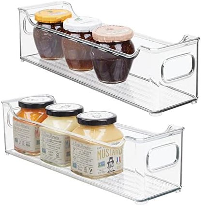  Slim Stackable Plastic Storage Organization Bin With Handles For Kitchen Cabinet, Pantry, Shelf, Refrigerator, Home Organizer For Fruit, Potatoes, Onions, Drinks, Snacks, Pasta, 2 Pack, Clear
