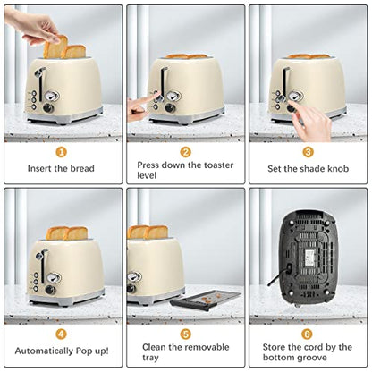  Toaster 2 Slice,1.5"Extra Wide Slots Toaster,Retro Stainless Steel With Bagel, Cancel, Defrost, Reheat Function And 6-Shade Settings, Removal Crumb Tray (Cream)