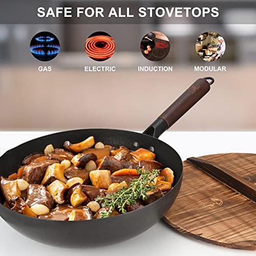  Wok Pan 12.5” Carbon Steel Woks & Stir-Fry Pans Flat Bottom Wok With Lid And Spatula, No Chemical Coated Non-Stick Wok For Electric, Induction And Gas Stoves