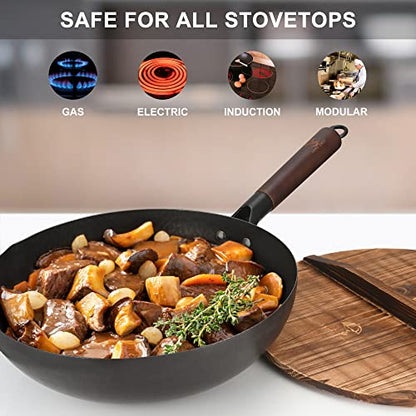  Wok Pan 12.5” Carbon Steel Woks & Stir-Fry Pans Flat Bottom Wok With Lid And Spatula, No Chemical Coated Non-Stick Wok For Electric, Induction And Gas Stoves