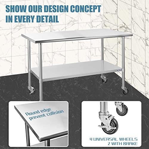  Ally Stainless Steel Table For Prep & Work 30 X 60 Inches With Caster Wheels, NSF Commercial Heavy Duty Table With Undershelf And Galvanized Legs For Restaurant, Home And Hotel