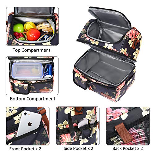  Lunch Bag Women Double Deck Insulated Lunch Box Large Cooler Tote Bag With Removable Shoulder Strap Wide Open Thermal Meal Prep Lunch Organizer Box For Adults Work/Outdoor, Black Peony