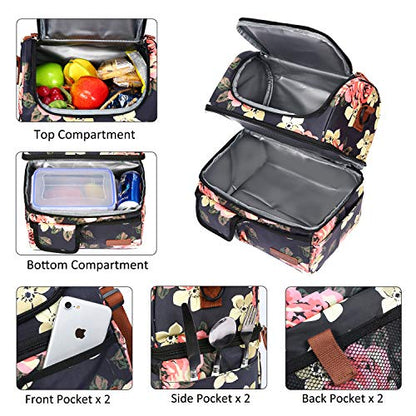  Lunch Bag Women Double Deck Insulated Lunch Box Large Cooler Tote Bag With Removable Shoulder Strap Wide Open Thermal Meal Prep Lunch Organizer Box For Adults Work/Outdoor, Black Peony