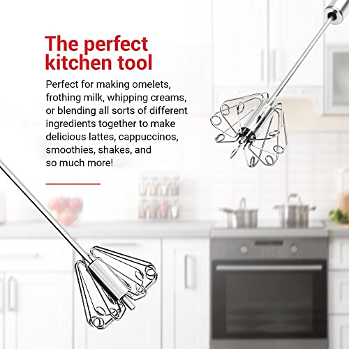  14 Inch Stainless Steel Hand Whisk - Durable & Easy To Use Push-Down Zip Whisker - Rotary Hand Mixer For Beating Eggs, Frothing Milk, Blending, Mixing, Whipping Smoothies & Shakes - Kitchen Tools