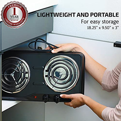  Vente Electric Double Coil Burner 6 & 5.75 Inch Hot Plate Cooktop With Temperature Control And Easy To Clean Stainless Steel Base, 1700W Portable Countertop Stove For Home Or Dorm, Black BGC102B