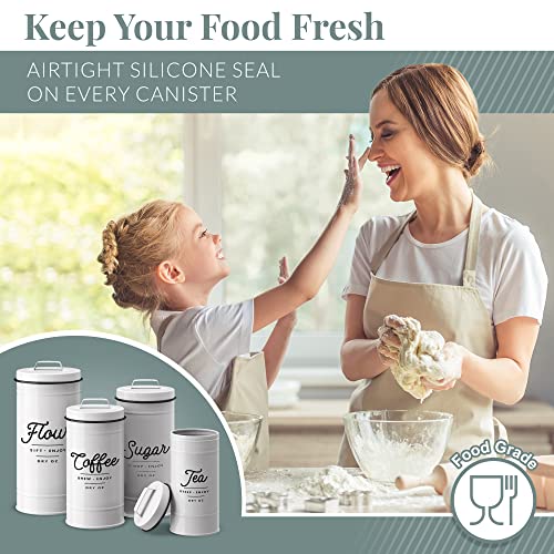  White Canister Sets For Kitchen Counter, Vintage Kitchen Canisters, Country Rustic Farmhouse Decor For The Kitchen, Coffee Tea Sugar Flour Farmhouse Kitchen Decor, Metal, Set Of 4