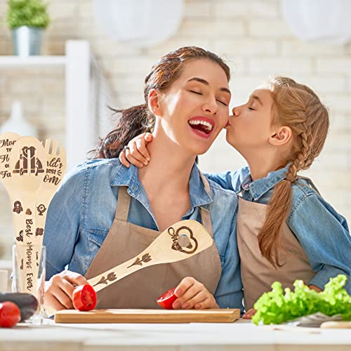  5Pcs Mothers Day Wooden Spoons Utensils Set, Non-Stick Cooking Utensils Carve Burned Bamboo Spoons Spatula Kitchen Cookware Gadget Decor Kit Mothers Day Mom Birthday Fun Gift Idea