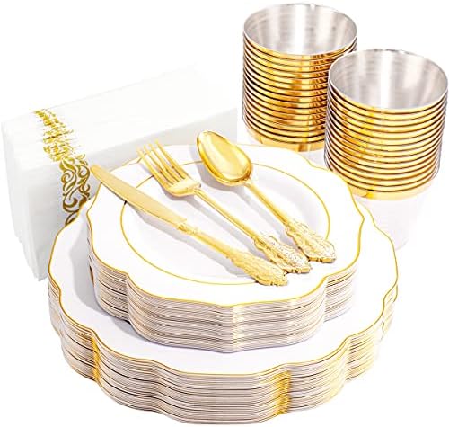  175PCS Pink Plastic Plates With Gold Disposable Silverware-Include 50 Plates 25Knives 25Forks 25Spoons 25Cups And 25Napkins-Ideal For Wedding, Party, Shower&Mother’s Day